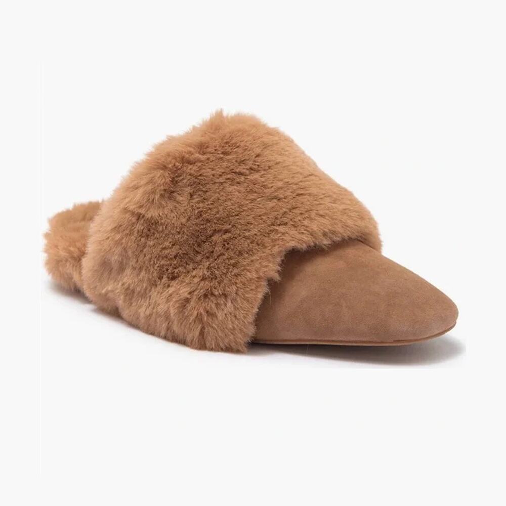 NEW Stuart Weitzman Camel Edie Chill Faux Fur Trim Slipper Mule Size 8